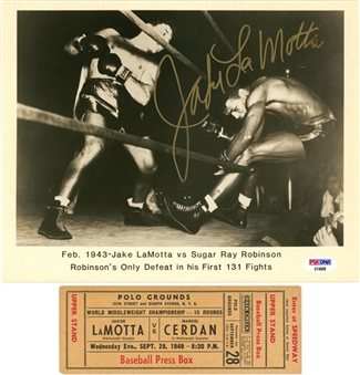Jake LaMotta Signed 8x10 Photo with 1949 LaMotta vs. Marcel Cerdan Full Ticket (PSA/DNA)